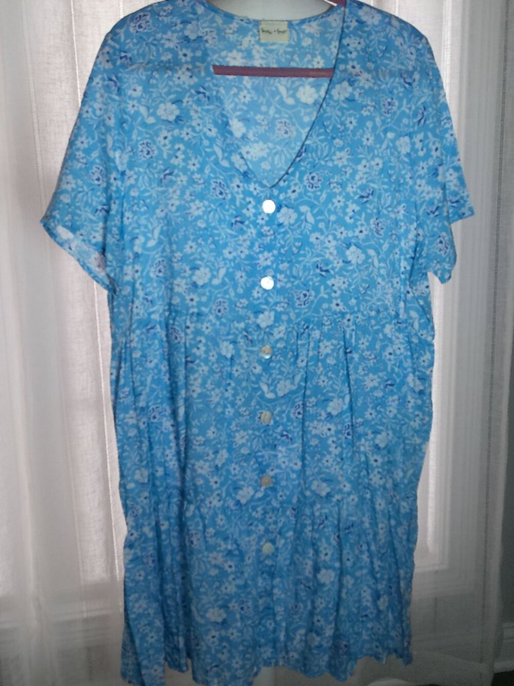 LOVELY MELODY NWOT Short Slve Button-UP Light Blue w/White Floral Print Dress 1X